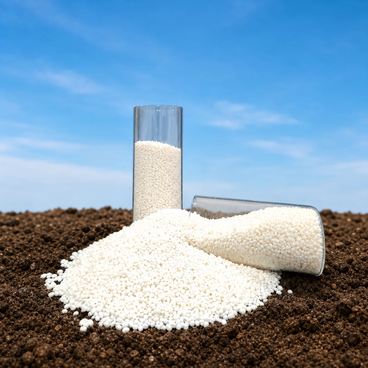 Earthya compostable resin pellets poured from test tubes onto soil