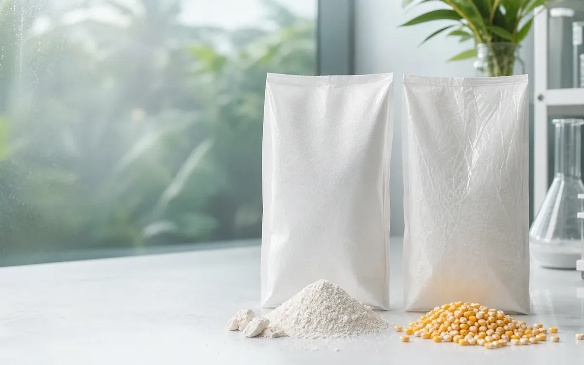 Side-by-side comparison of calcium carbonate powder and corn kernels used as compostable bag feedstocks