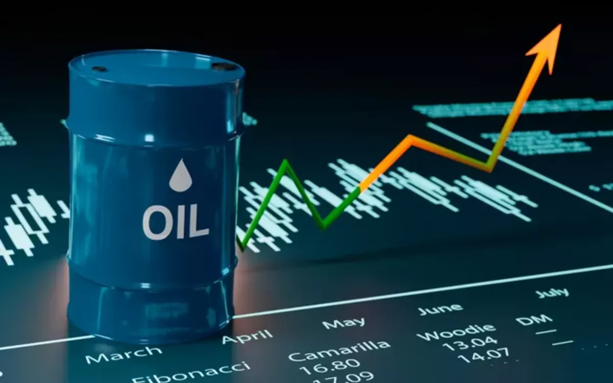 Oil barrel graphic beside a rising crude price chart