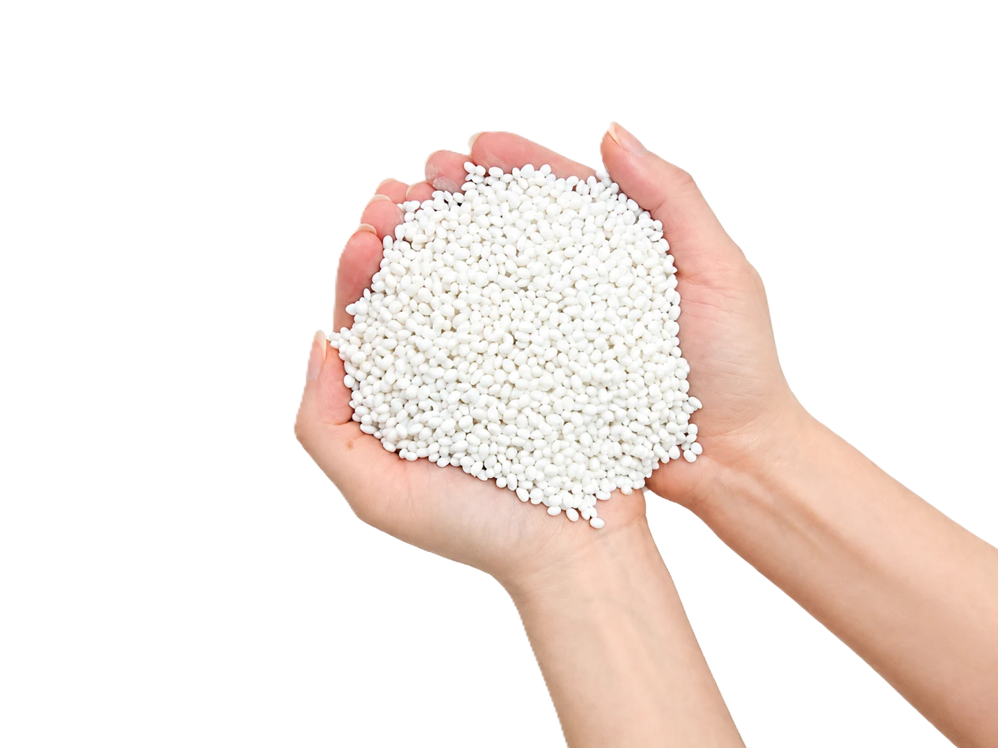 Hands holding Earthya compostable resin pellets