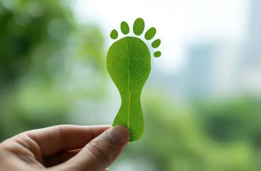Leaf shaped like a carbon-footprint icon held up against greenery