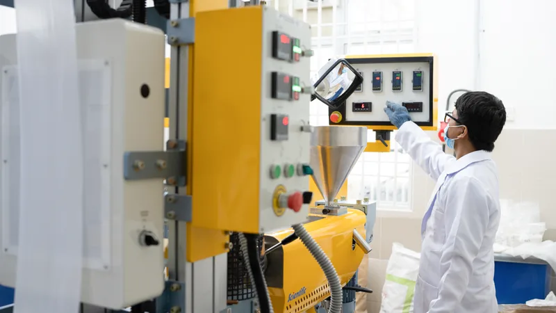 Scientist examining bioplastic film samples in the R&D laboratory